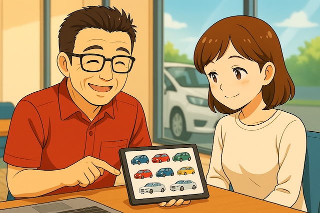 タブレットやパソコンを操作しながら、車の候補を説明している。