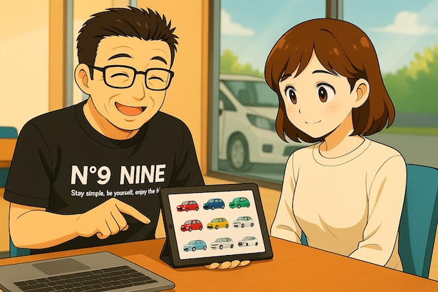 タブレットやパソコンを操作しながら、車の候補を説明している。